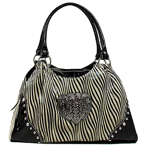 Animal Zebra Print Satchel Bags w/ 3-Heart Charm - Beige - BG-108HZ-BEI